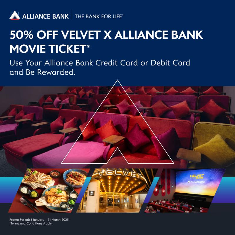 50% Off Velvet x Alliance Bank Movie Tickets and 20% off Dine-in at Velvet Restaurant & Bar